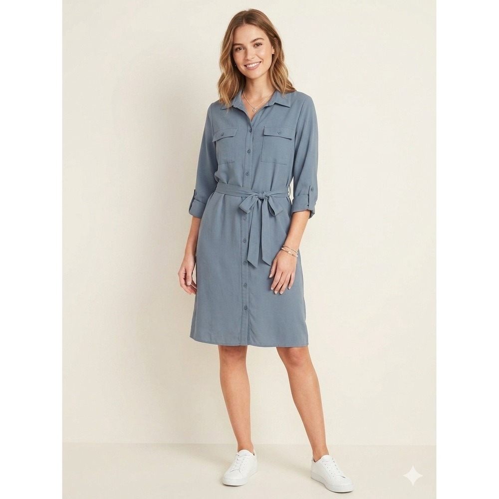 Women's NAÏF Blue Collared Button Belted Knee Length Shirt Dress M